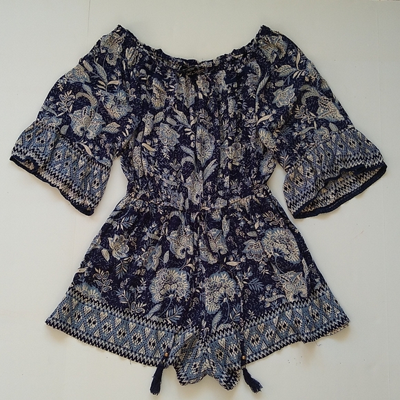 Angie Pants - Angie off shoulder blue floral bell sleeve romper M